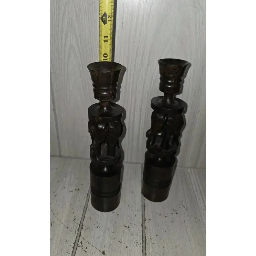 Vtg Wooden Hand Carved Elephant Candle Holders Set of 2 Solid Wood Decor Safari